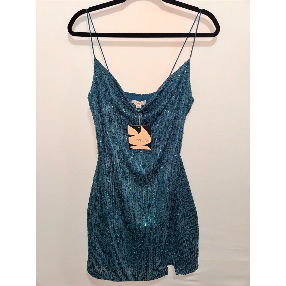 Inspired Hearts Mini Dress Womens Size L Teal Blue Sequin Cowl Neck Party